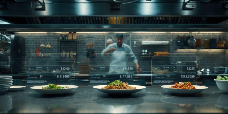 Chef in cucina e intelligenza artificiale che analizza dati in un ristorante moderno nel 2026.